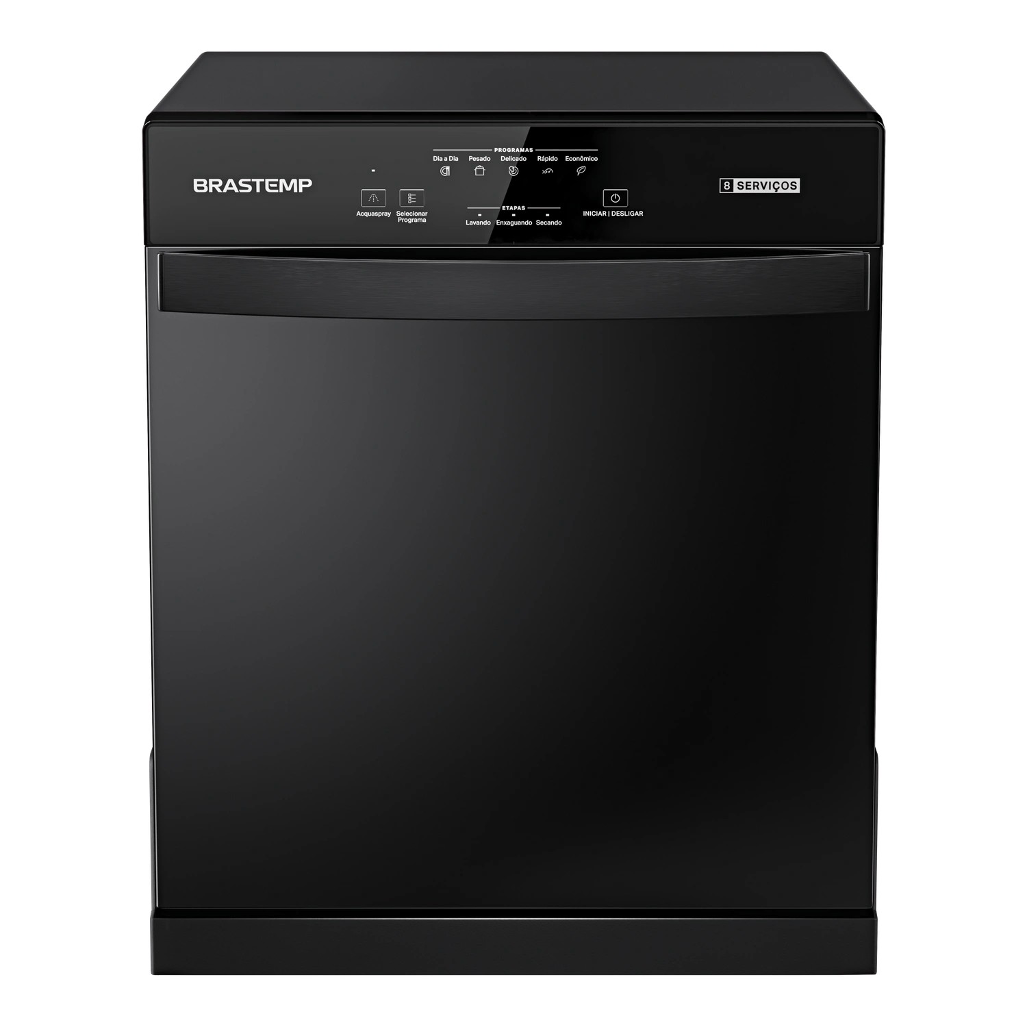 Lava-louças Brastemp BLF08AE preta, de 8 serviços, vista de frente