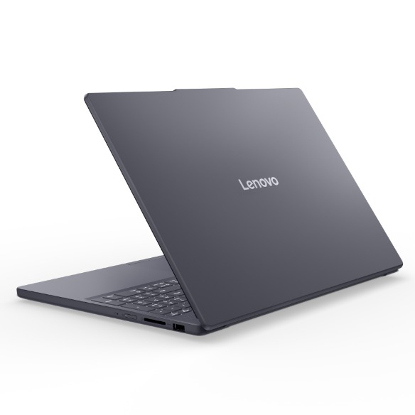 Notebook Lenovo IdeaPad Slim 3 cinza, semiaberto, visto por trás com o logotipo Lenovo na tampa
