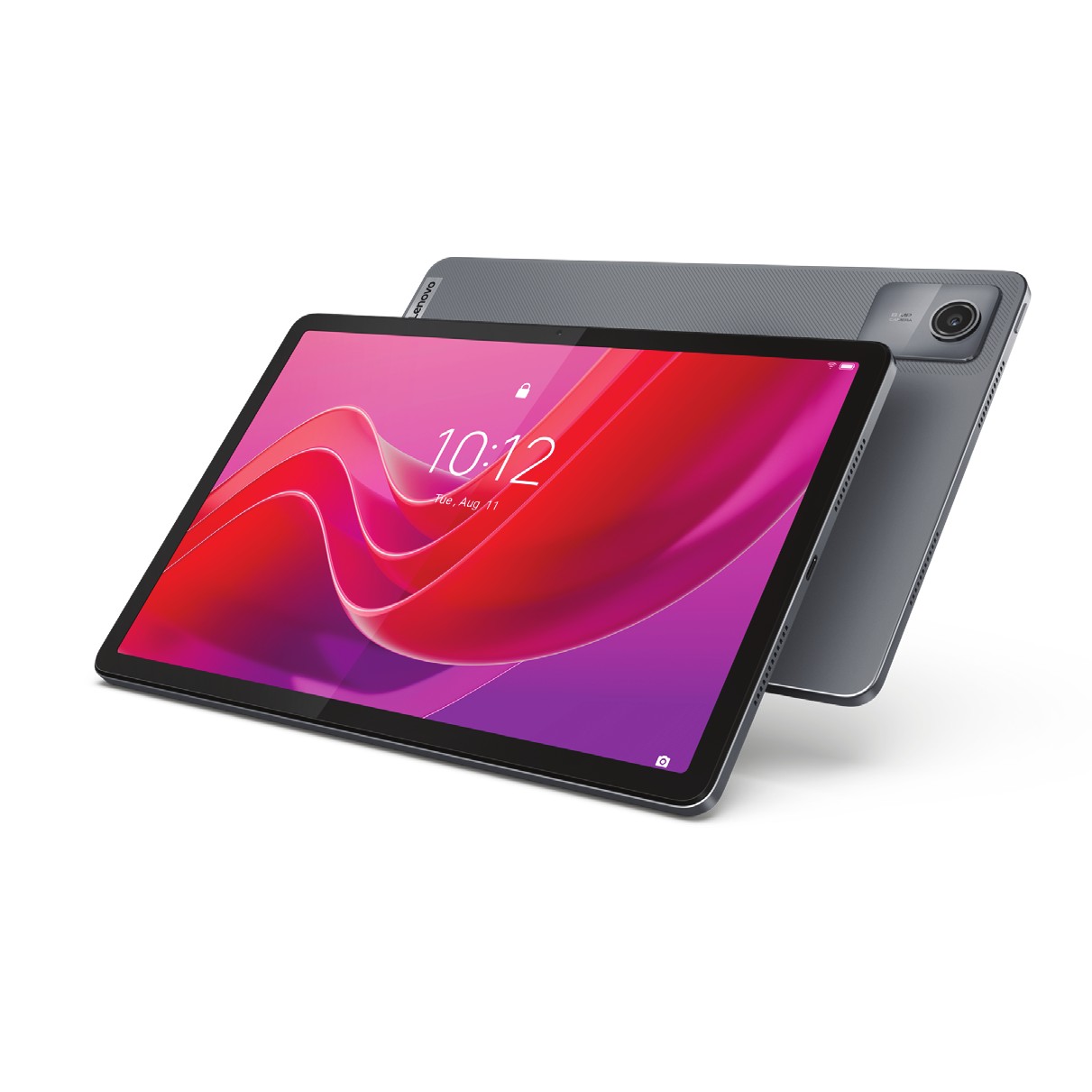Tablet Lenovo Tab M11 cinza com a tela acesa mostrando a hora, ao lado da traseira metálica com a câmera