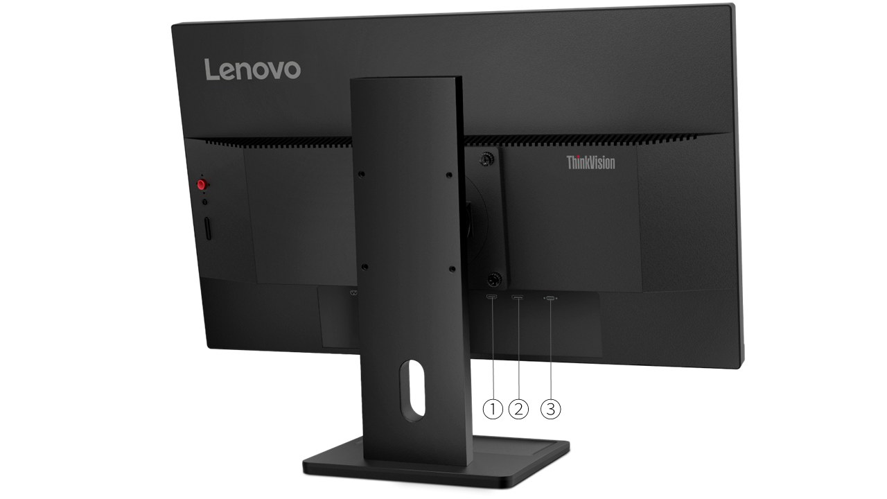 Monitor Lenovo ThinkVision E22-30 visto por trás, com a base e as portas numeradas