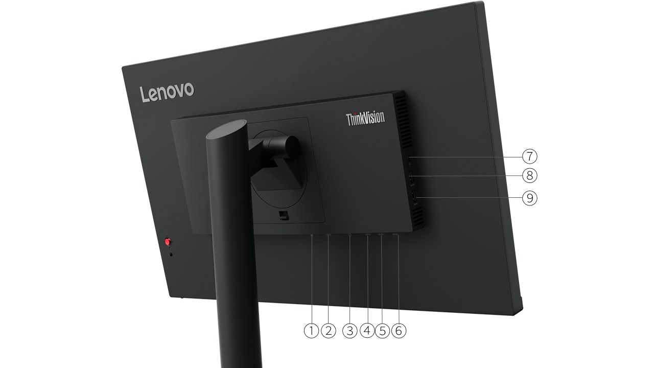 Monitor Lenovo ThinkVision T24i-30 visto por trás, com a haste da base e as portas numeradas