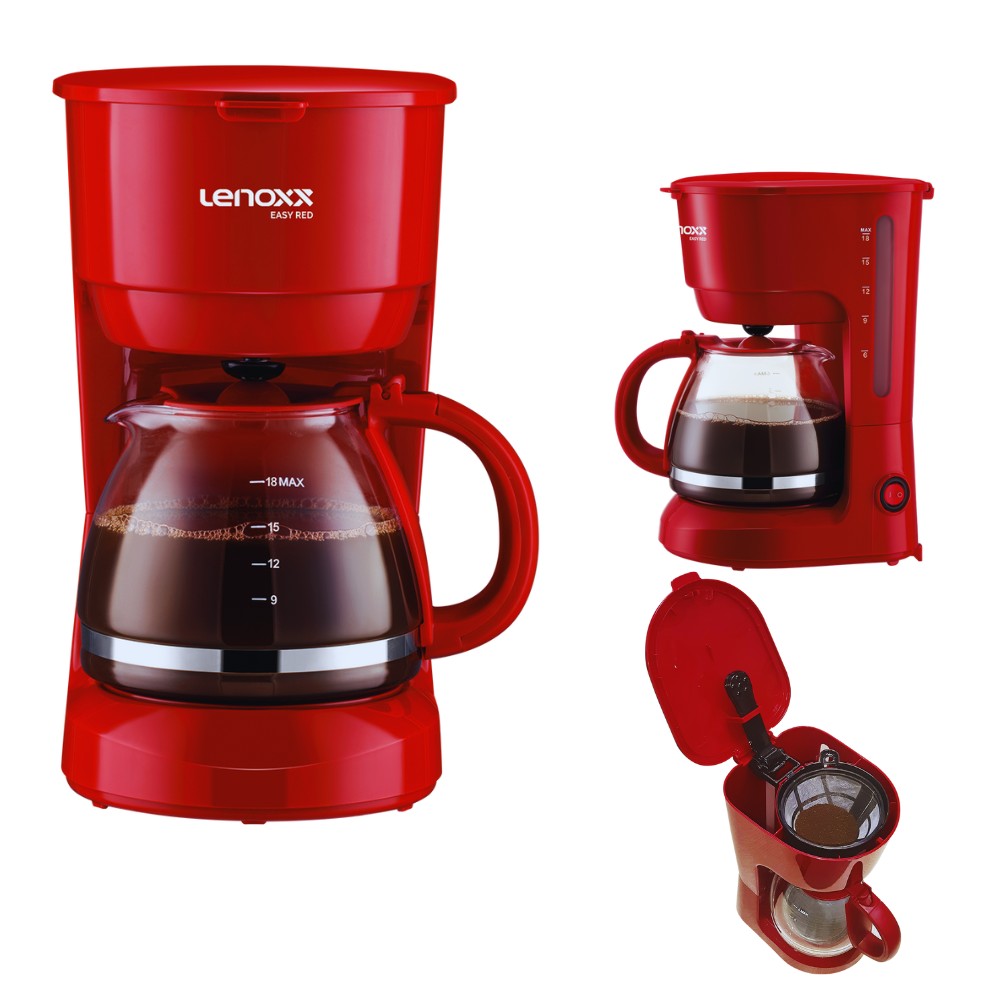Cafeteira elétrica Lenoxx Easy Red vermelha com jarra de vidro graduada até 18 e vistas do filtro permanente