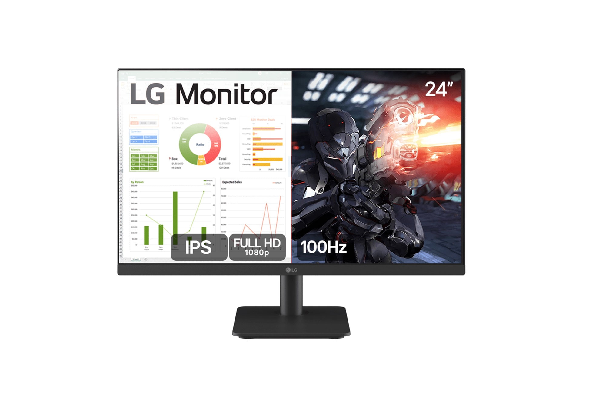 Monitor LG 24MS500-B de 24 polegadas visto de frente