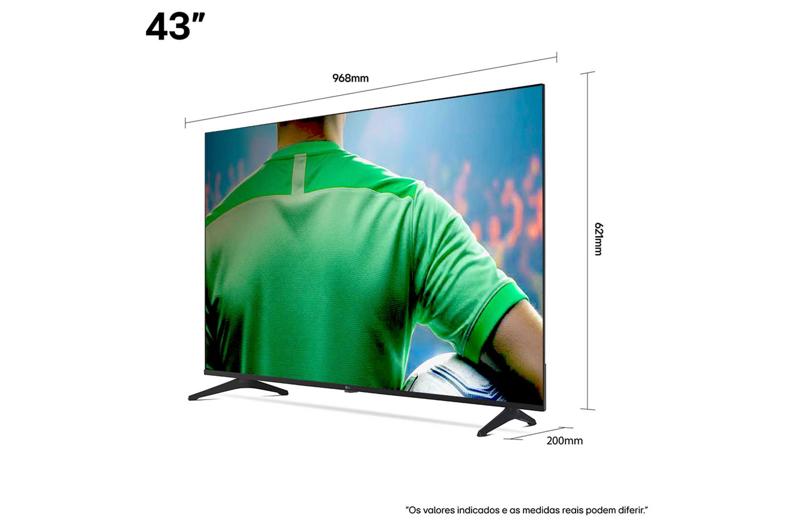 Smart TV LG UA75 de 43 polegadas com as medidas indicadas pelo fabricante