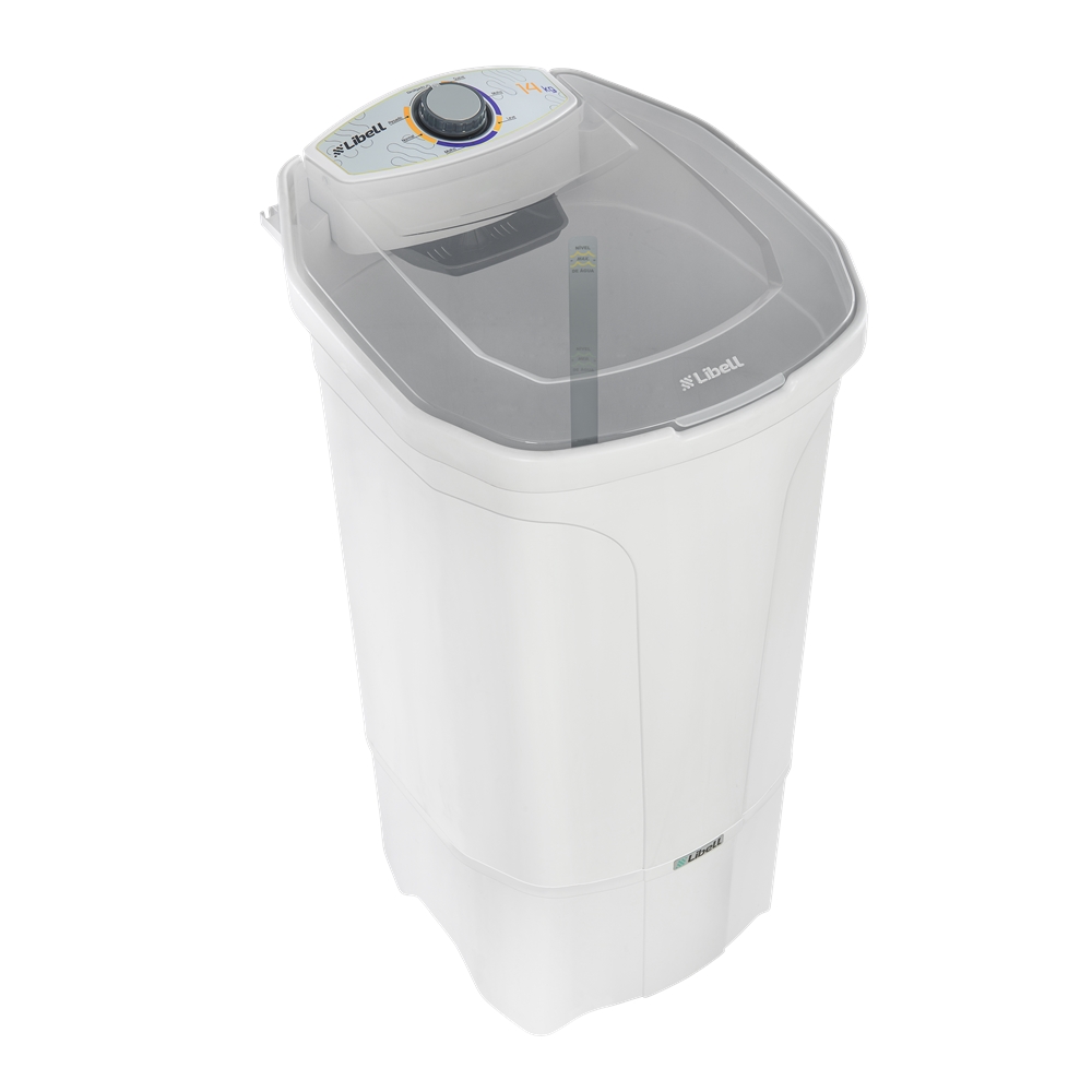 Lavadora semiautomática Libell 14 kg branca, com tampa translúcida cinza e botão giratório no painel