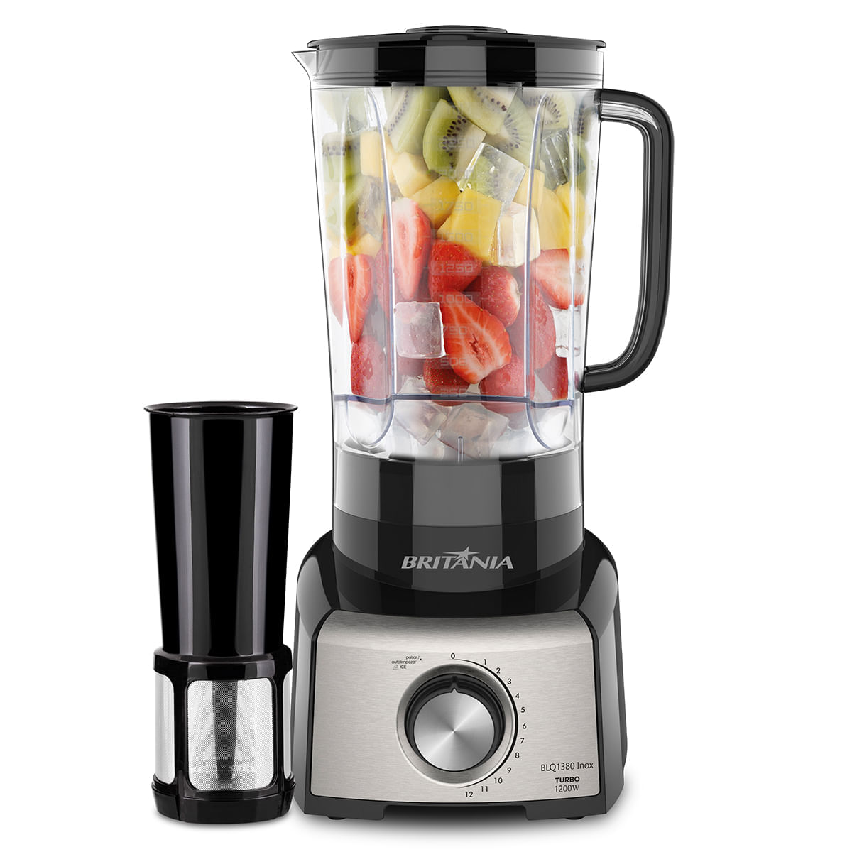 Liquidificador Britânia BLQ1380P com acabamento frontal em inox e filtro ao lado