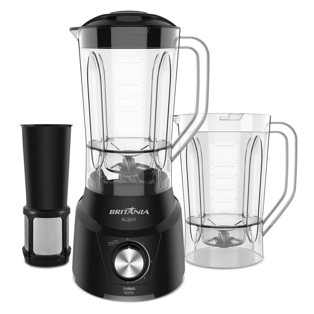 Liquidificador Britânia BLQE01 preto com dois copos transparentes e filtro