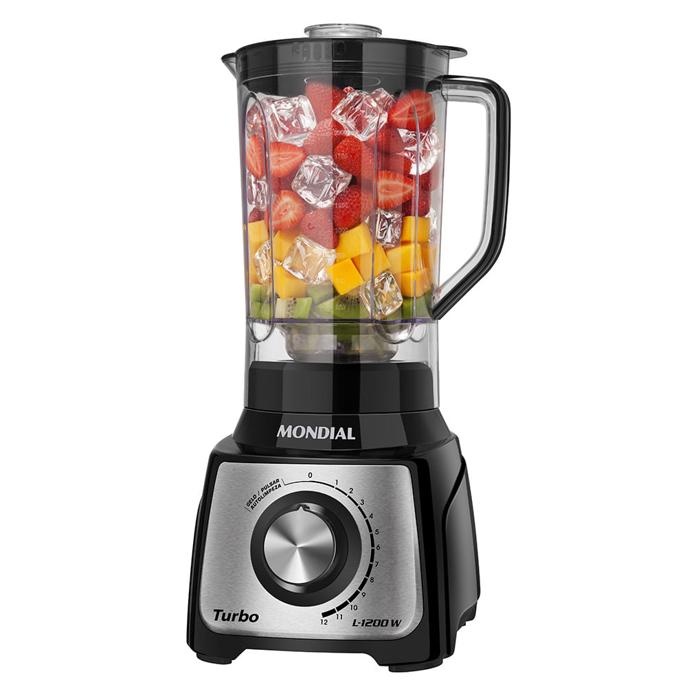 Liquidificador Mondial Turbo L-1200 BI preto com frente em inox e copo transparente