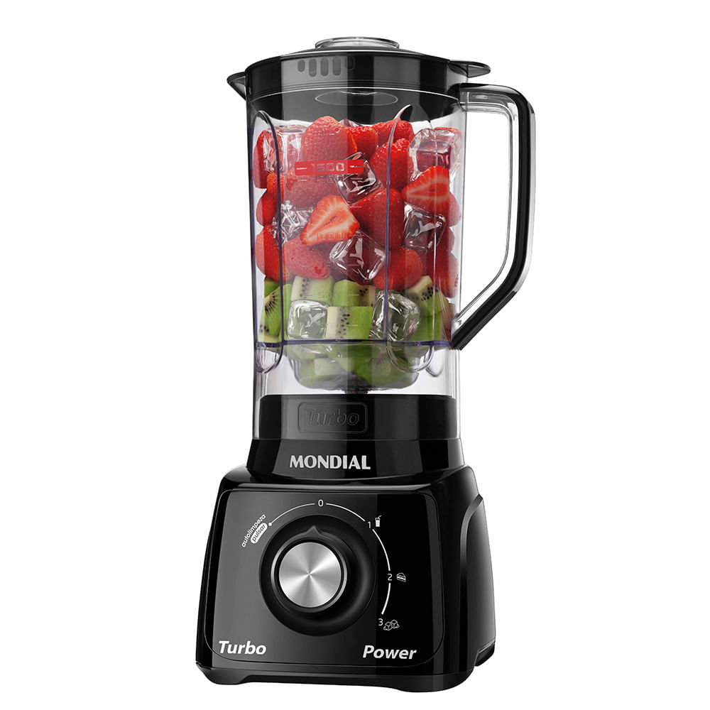 Liquidificador Mondial Turbo Power L-99 FB preto com copo transparente cheio de frutas