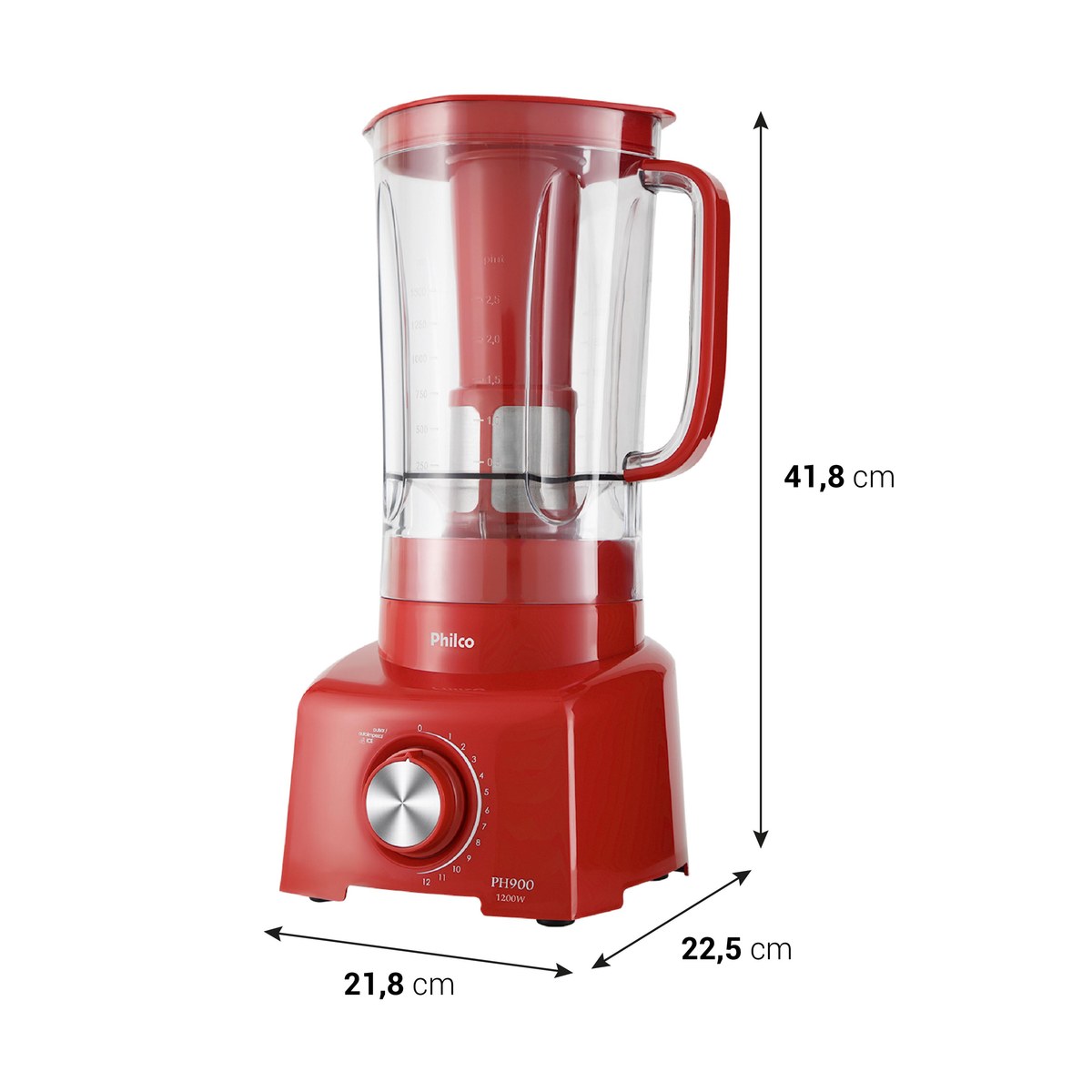 Liquidificador Philco PH900 vermelho com copo transparente e medidas em centímetros
