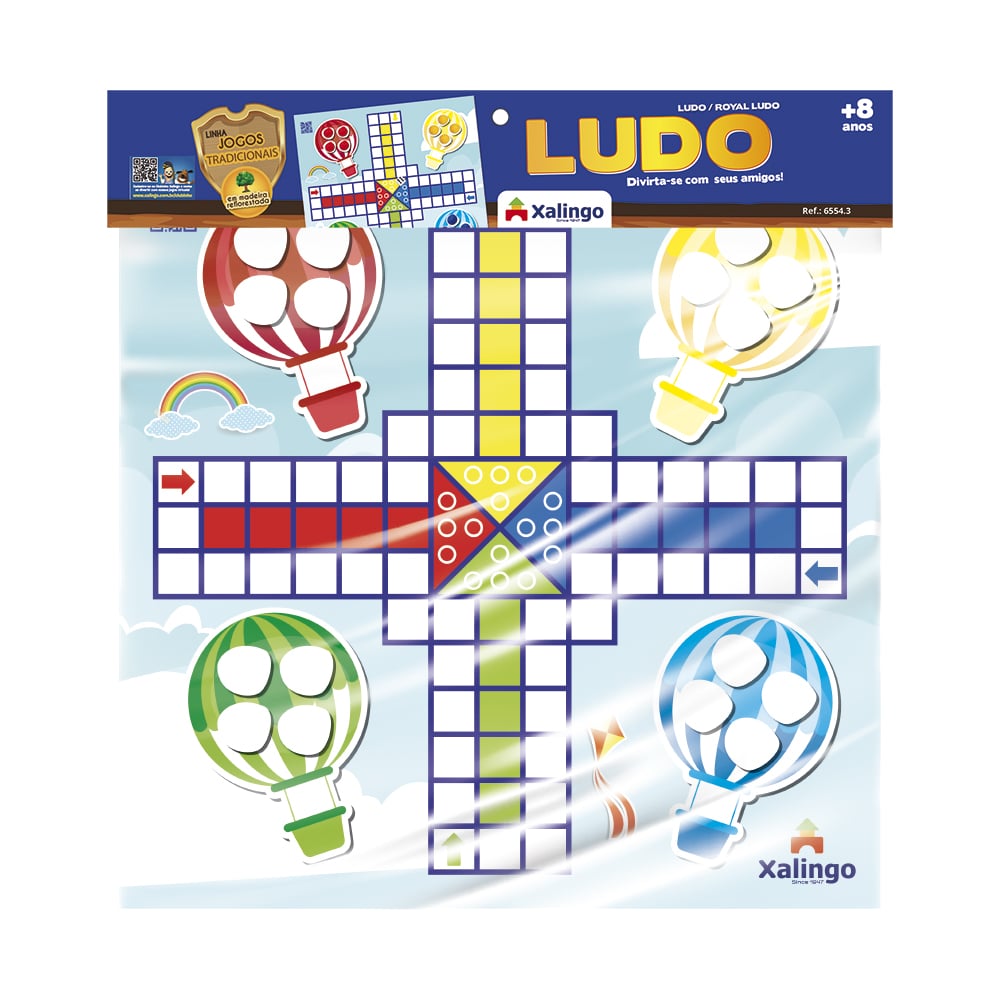 Embalagem do jogo Ludo Xalingo em madeira, com o tabuleiro em cruz e quatro balões coloridos