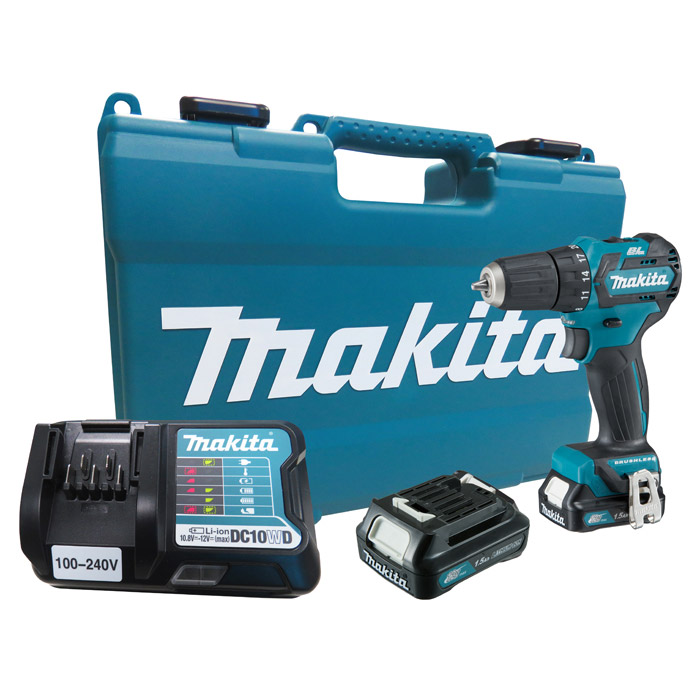 Kit Makita DF332DWYE com furadeira parafusadeira, duas baterias, carregador e maleta