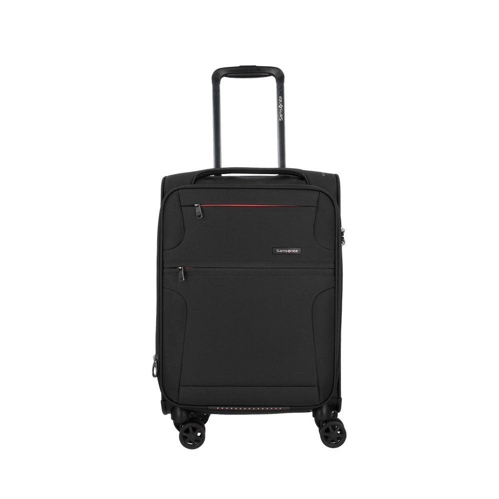 Mala de bordo Samsonite Bahia Lite preta, de tecido, com alça telescópica estendida, bolsos frontais e quatro rodas