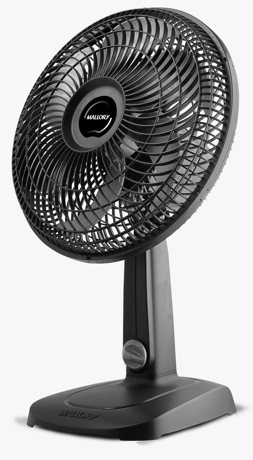 Ventilador de mesa Mallory Turbo Compact preto e grafite, com hélice de 6 pás, seletor redondo na haste e base larga