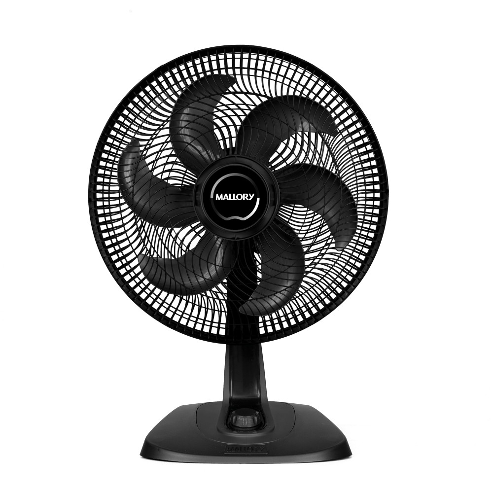 Ventilador Mallory Turbo Fresh preto, hélice de 6 pás e grade redonda, visto de frente sobre a base