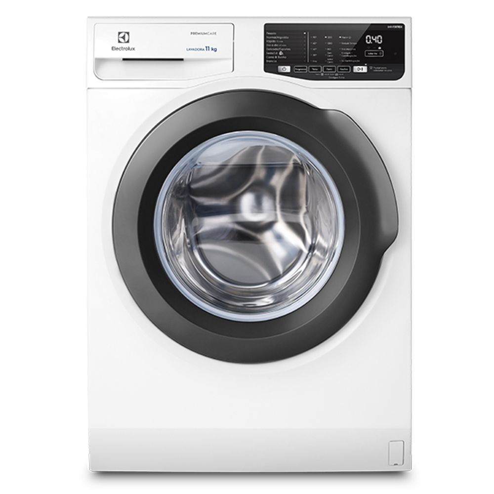 Máquina de lavar frontal Electrolux LFE11 branca, com painel digital e porta redonda, vista de frente
