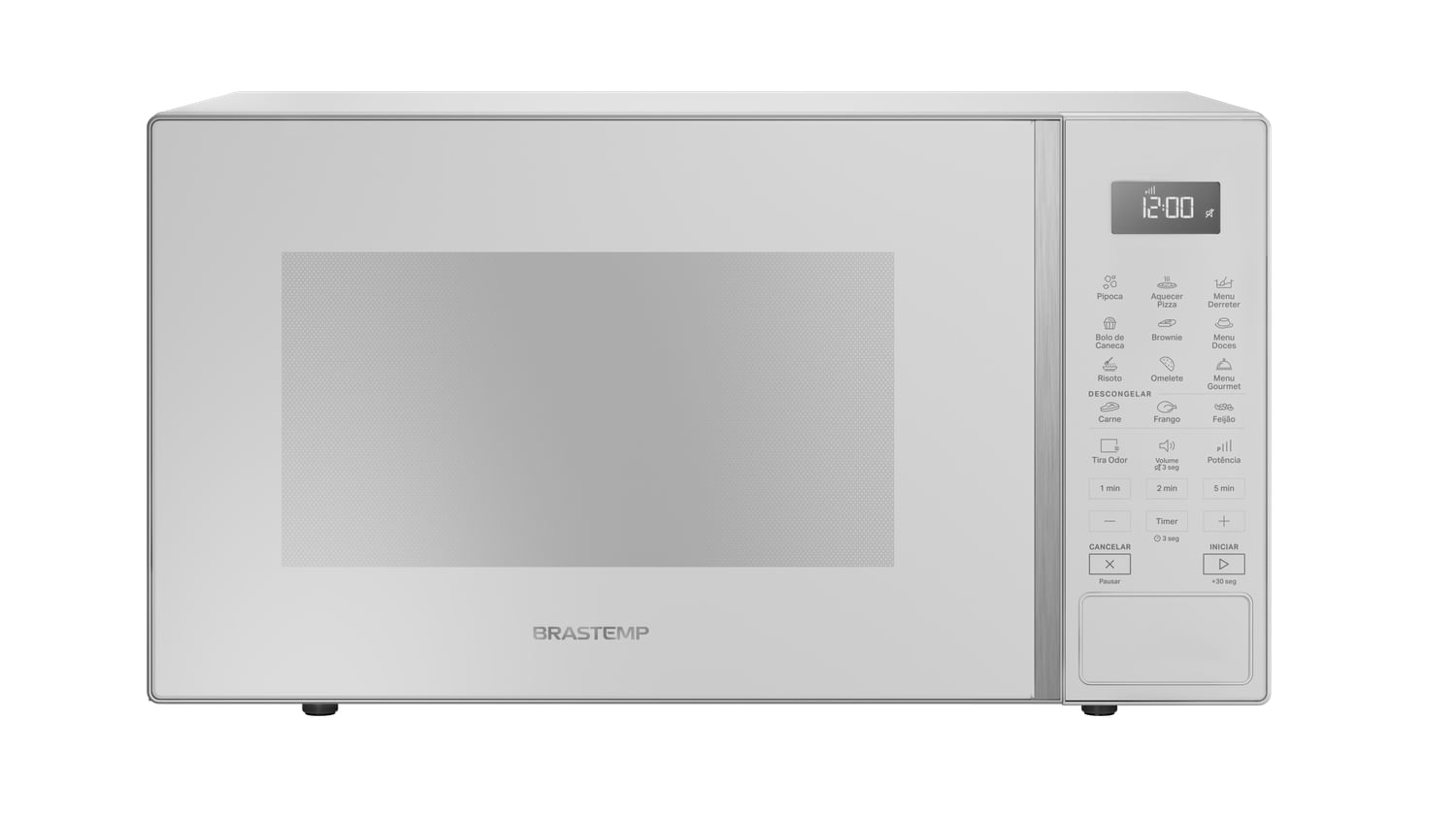 Micro-ondas Brastemp BMS46AB branco, visto de frente, com porta espelhada e painel digital com teclas à direita