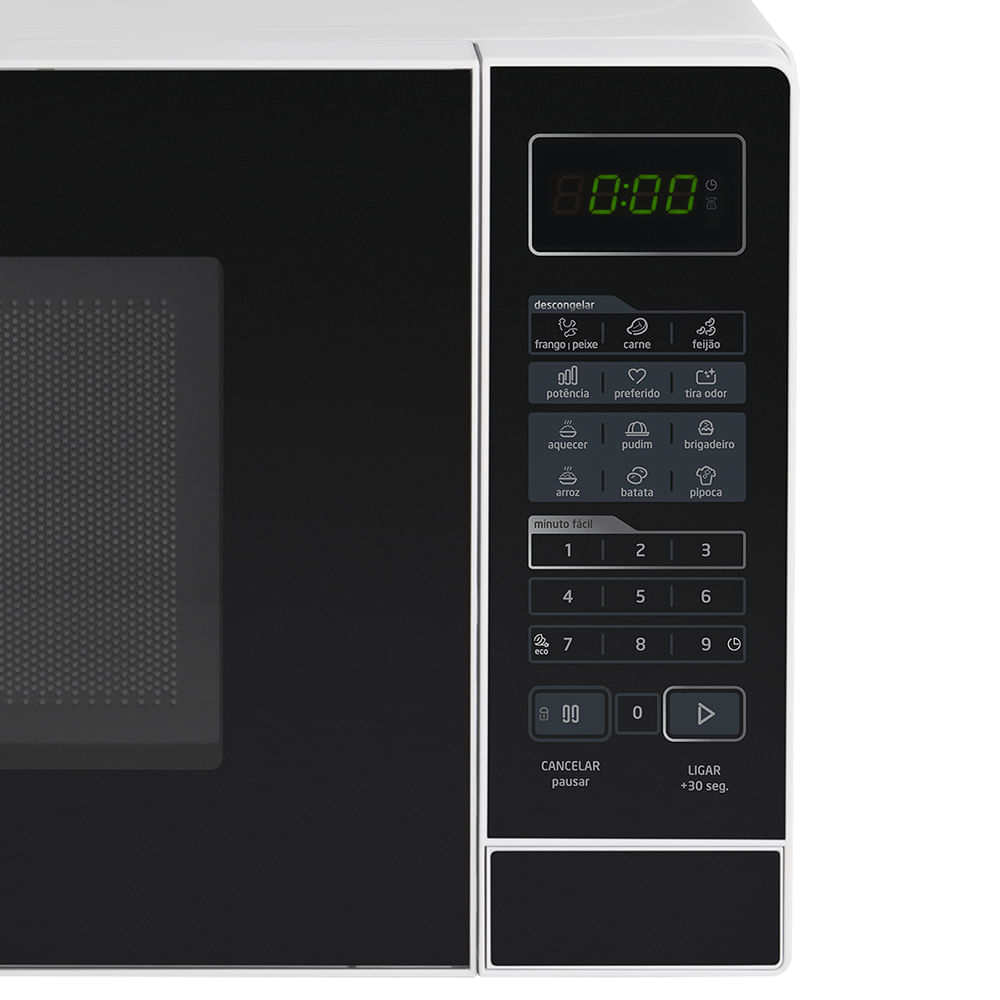 Detalhe do painel do micro-ondas Midea MRAS21 com display verde, teclas Minuto Fácil, teclado numérico e tecla Ligar
