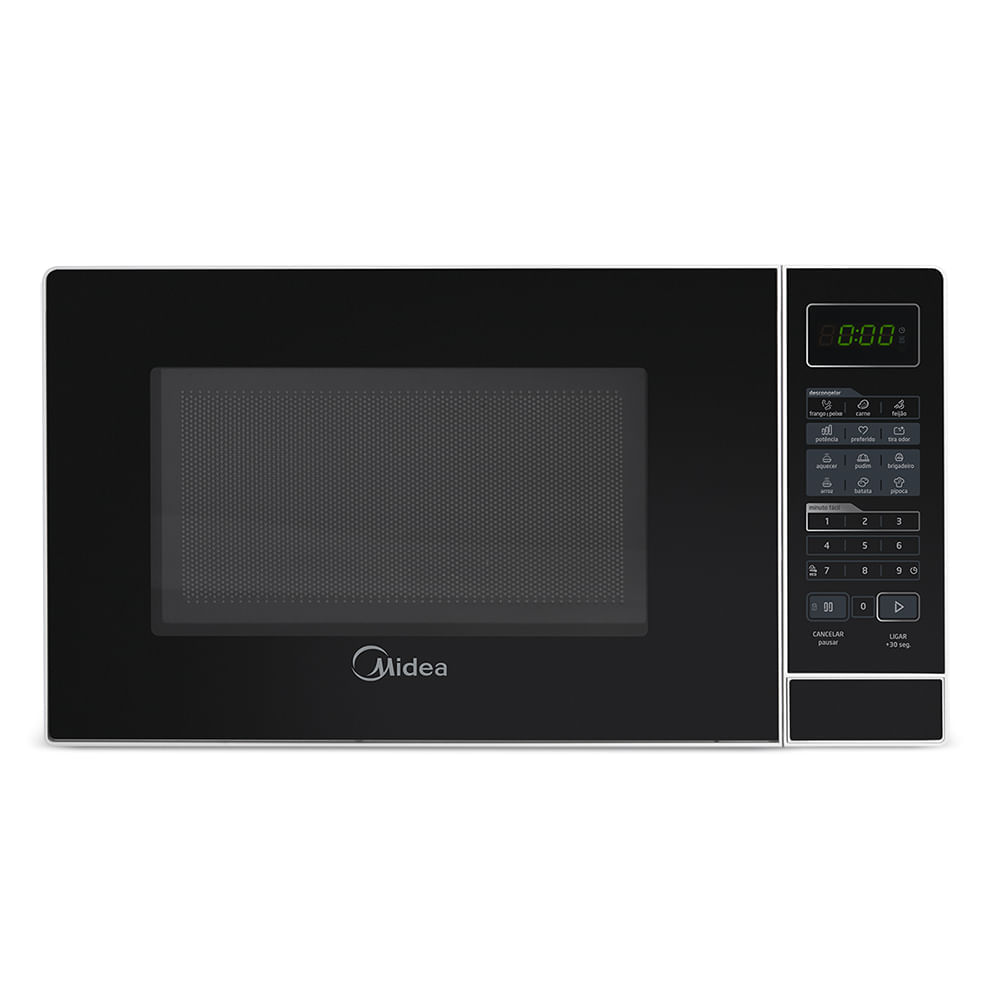Micro-ondas Midea MRAS21 branco com porta preta, visto de frente, com display verde e teclas no painel