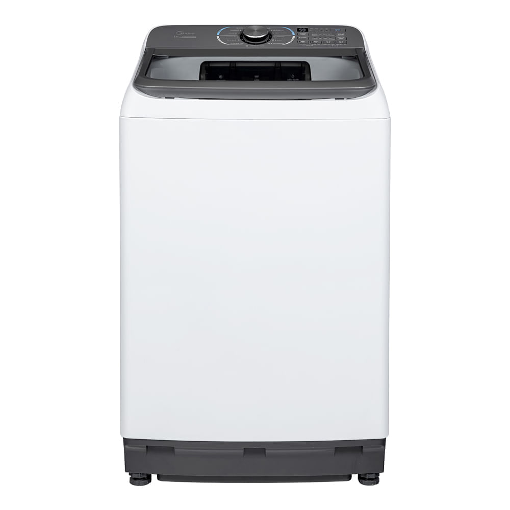 Lavadora Midea MA512W140 de 14 kg, branca com tampa cinza, vista de frente