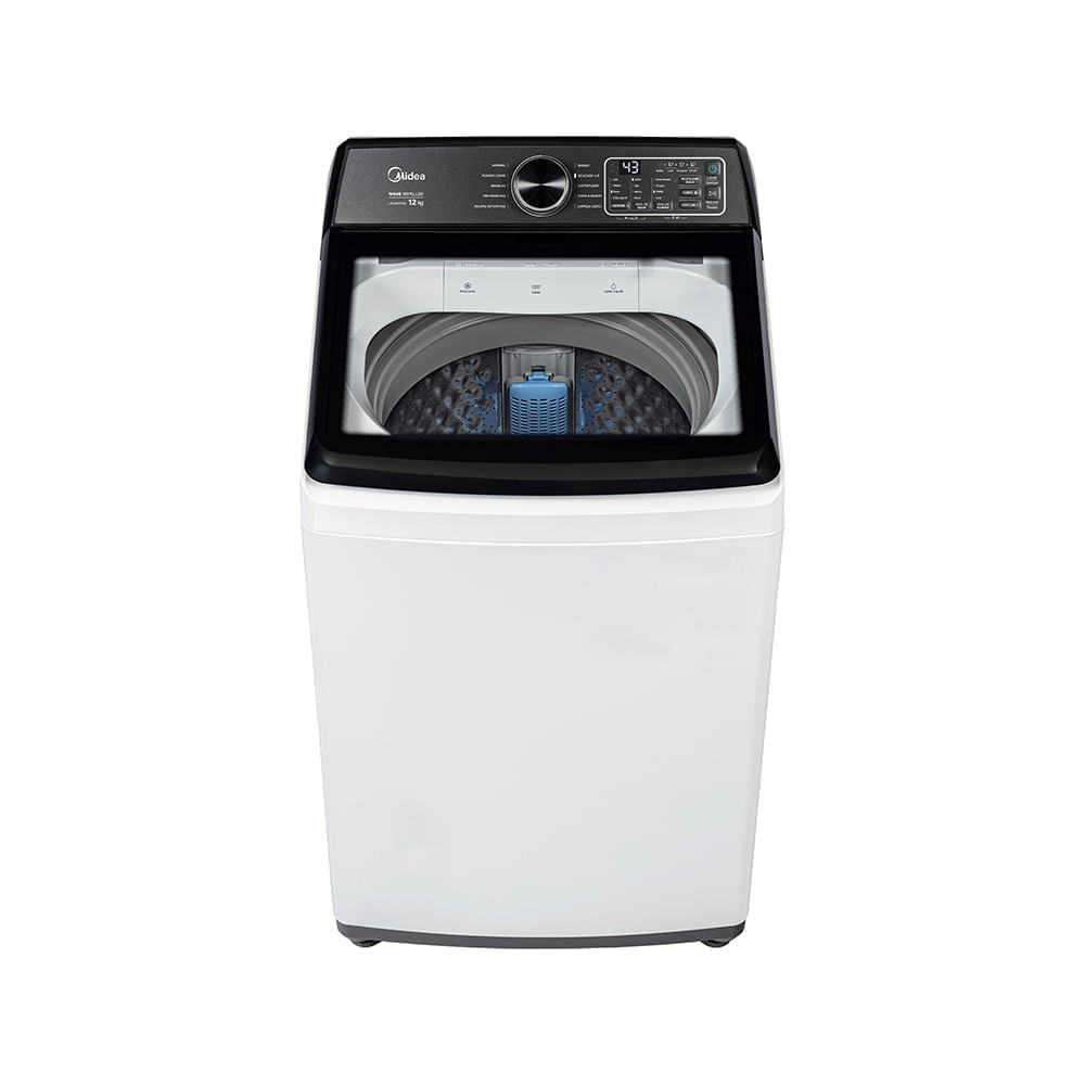 Lavadora Midea MAV04W120 de 12 kg, branca com painel preto, vista de frente