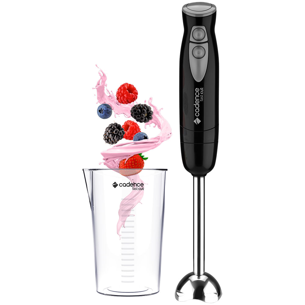 Mixer de mão Cadence Fast Cut MIX302 preto com haste de inox e copo plástico transparente