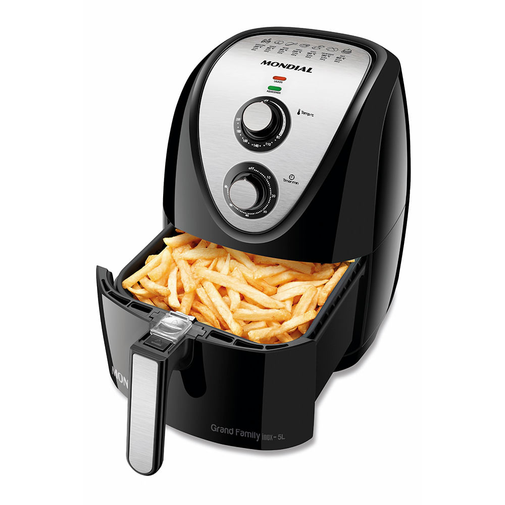Air fryer Mondial AFN-50-BI Grand Family preta e inox de 5 litros com dois botões giratórios, temperatura e timer, e cesto quadrado aberto