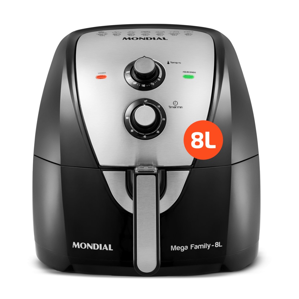 Air fryer Mondial AFN-80-BI Mega Family de 8 litros, preta e inox, vista de frente com dois botões giratórios e alça central