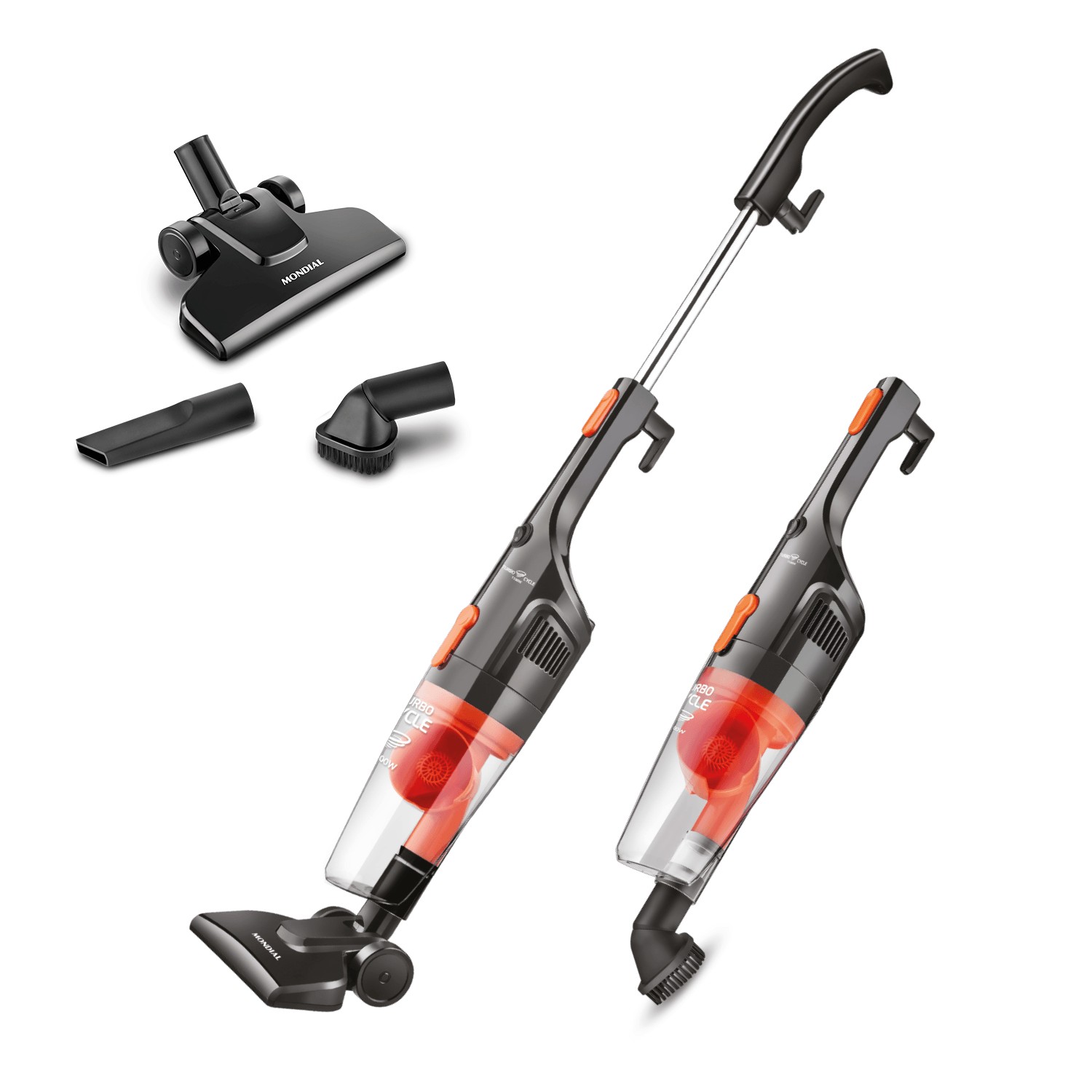 Aspirador de pó vertical Mondial AP-35 Turbo Cycle, preto e laranja, com bocais