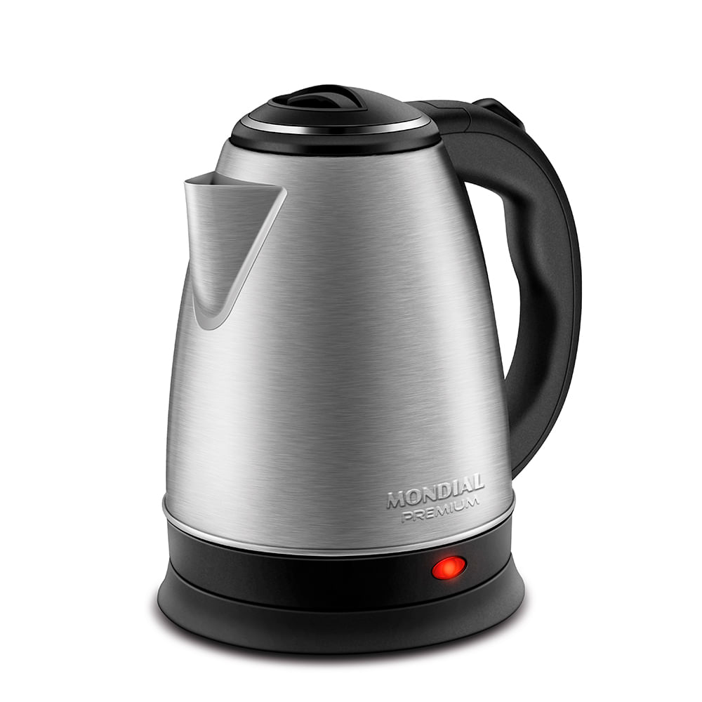 Chaleira elétrica Mondial Premium Inox CE-06 com corpo em inox escovado, alça preta e base preta com lâmpada piloto