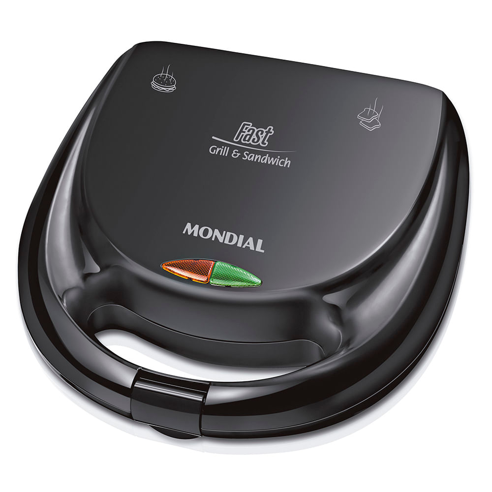 Sanduicheira Mondial Fast Grill e Sandwich S-12 preta com luzes vermelha e verde na frente