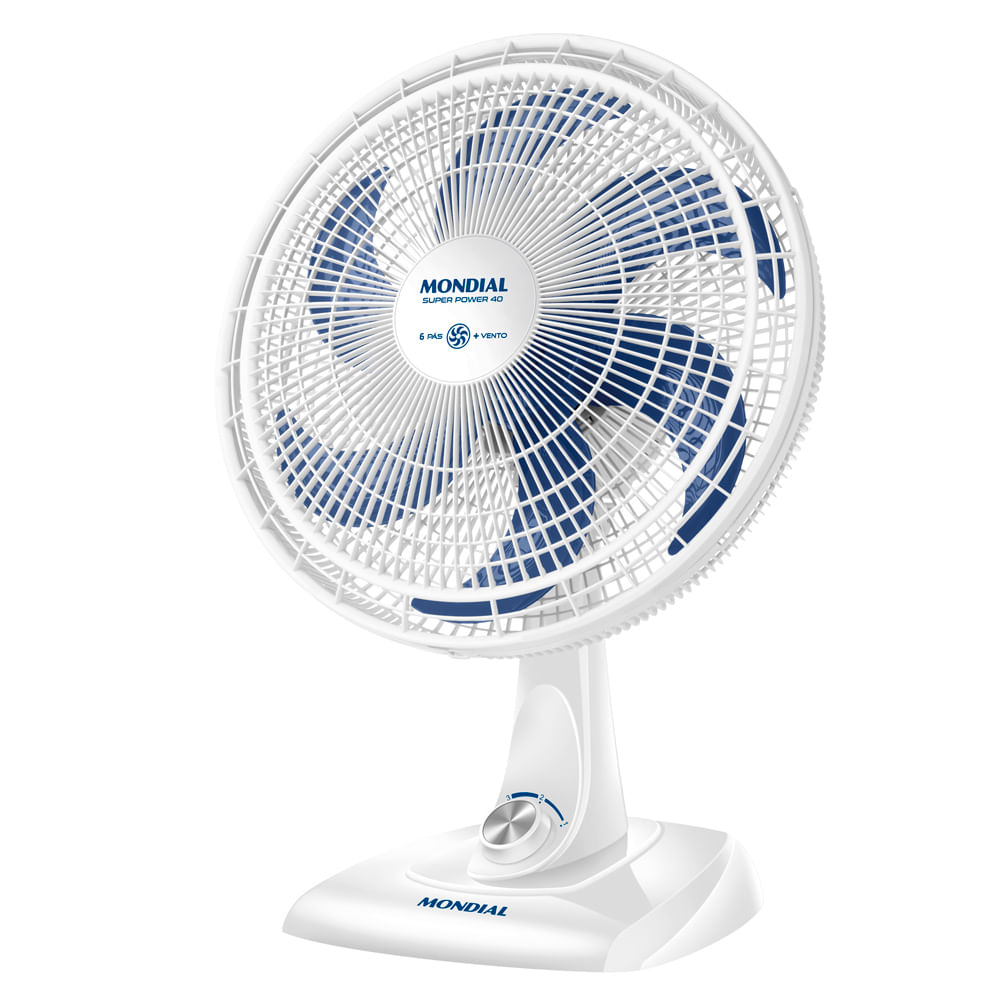 Ventilador de mesa Mondial VSP-40-W branco com pás azuis, grade de 40 centímetros e seletor na coluna
