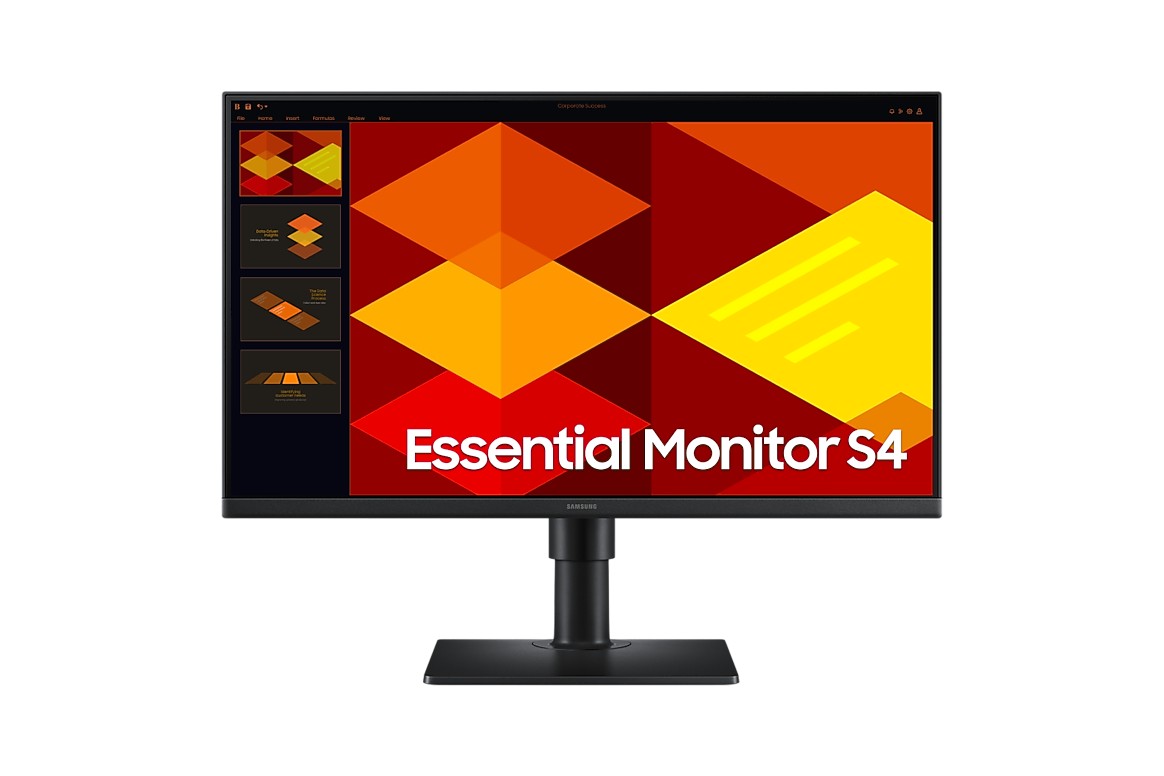 Monitor Samsung Essential S4 de 24 polegadas, visto de frente, com base e haste de ajuste de altura