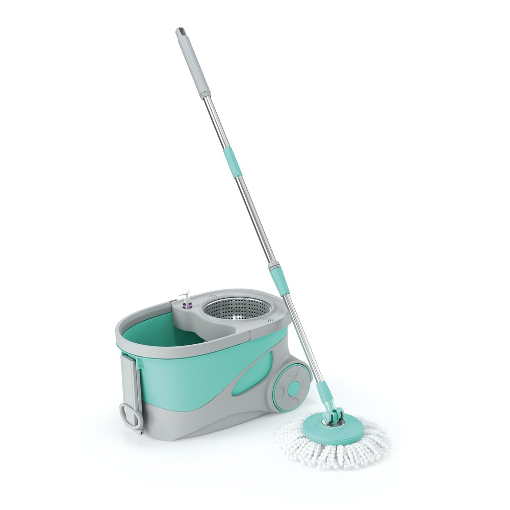 Mop giratório Flash Limp Ciclone com balde cinza e verde-água com rodinha, alça e cabo de aço inox