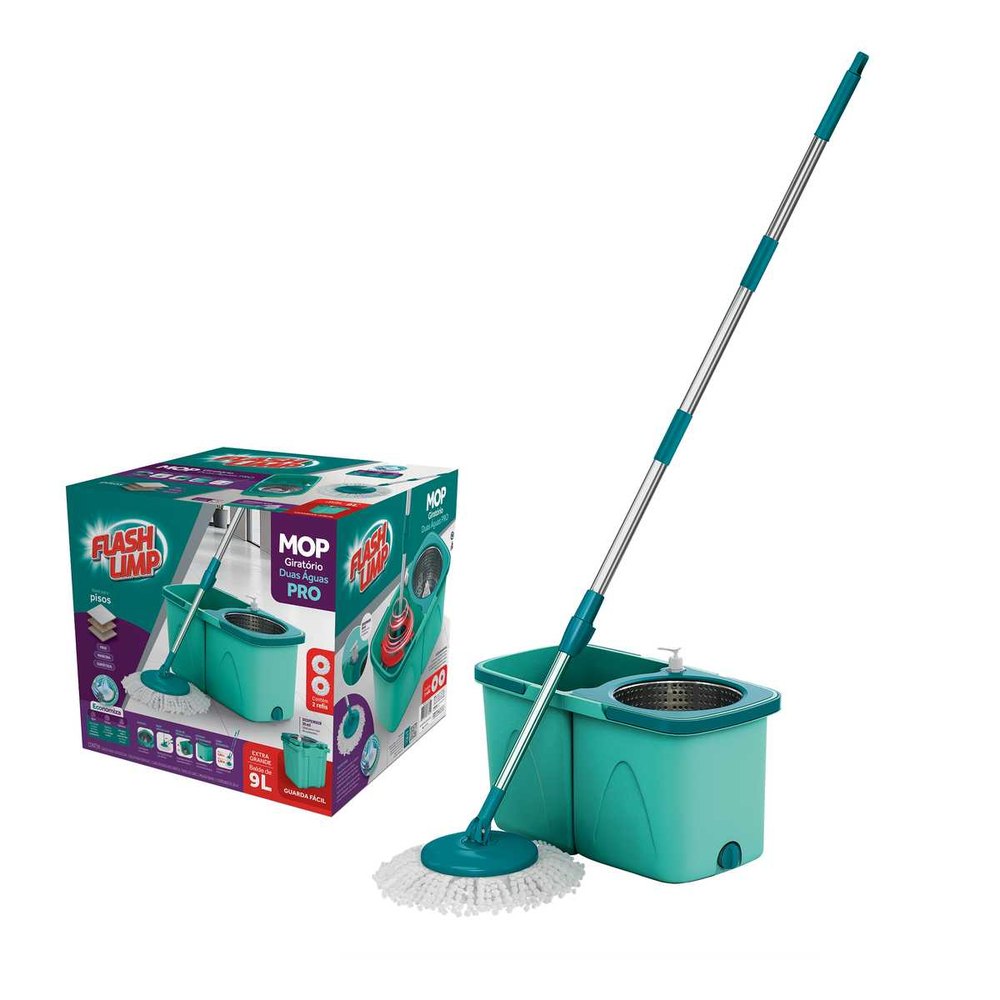 Mop giratório Flash Limp Pro com dois baldes empilháveis verdes, caixa e cabo de aço inox
