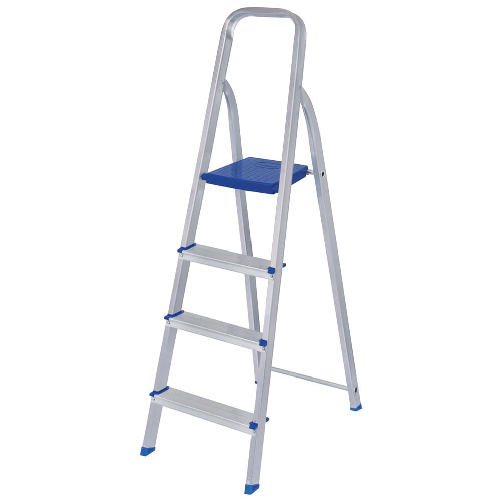 Escada Alumínio Mor 4 Degraus 5102, com patamar azul e estrutura de alumínio