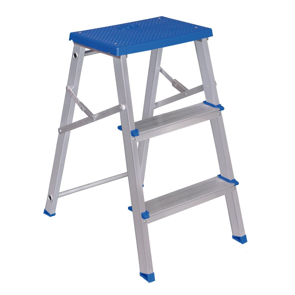 Escada Banqueta Alumínio Mor 5107, de 3 degraus, com patamar azul