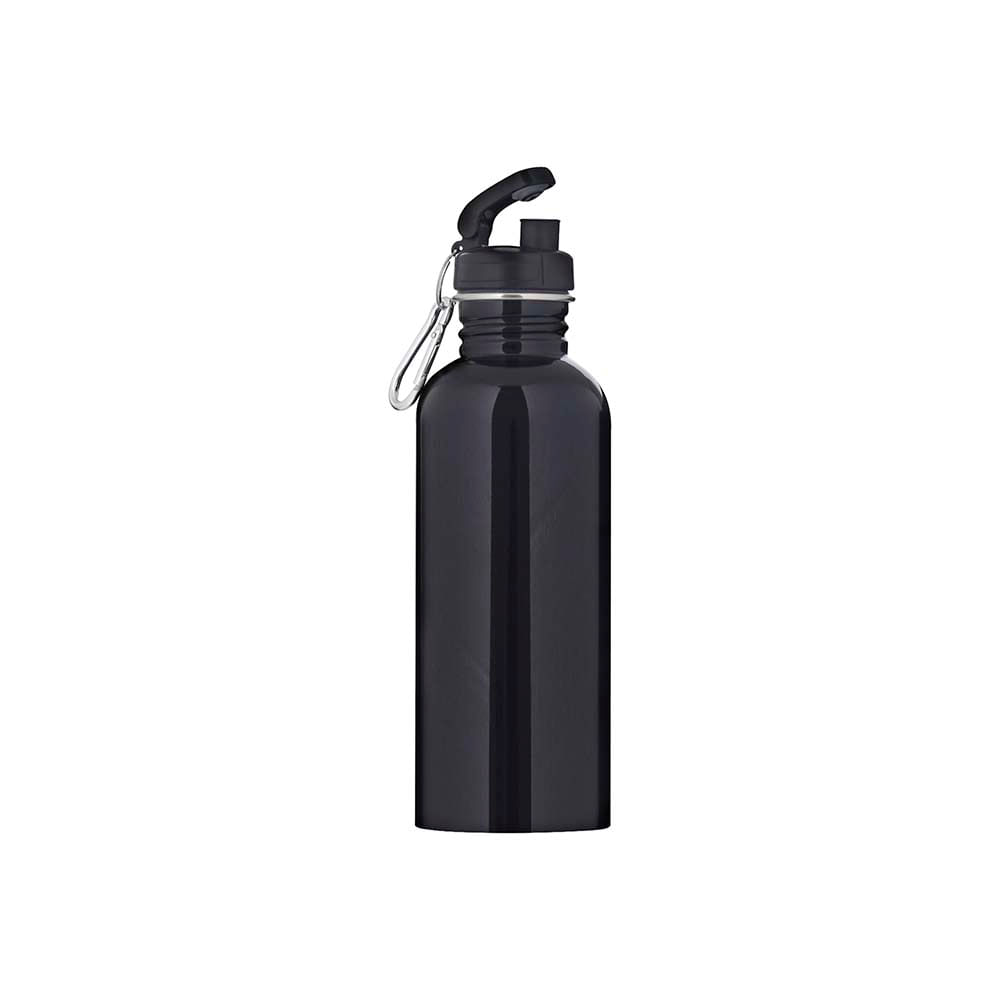 Garrafa Mor Water To Go preta com a tampa de bocal aberta e o mosquetão ao lado