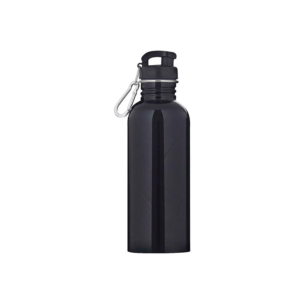 Garrafa Mor Water To Go de aço inox preta, com tampa fechada e mosquetão