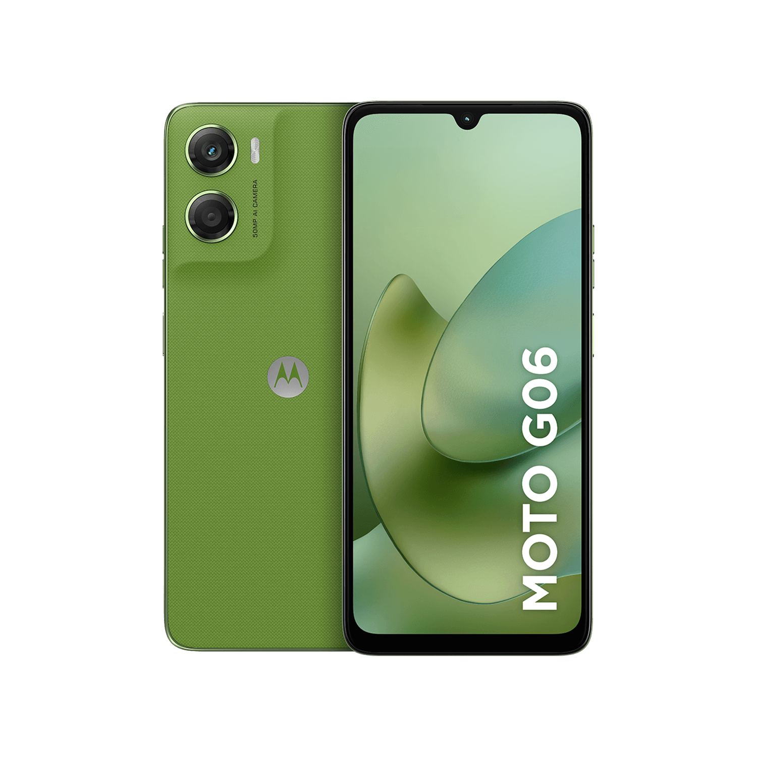 Smartphone Motorola Moto G06 verde, visto de costas com as duas câmeras e de frente com a tela acesa