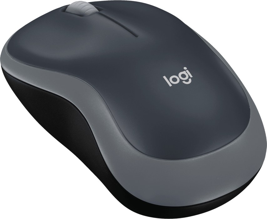 Mouse sem fio Logitech M185 cinza e preto visto em três quartos