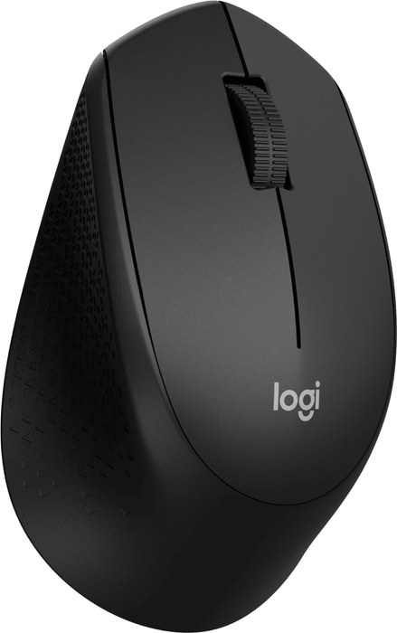 Mouse sem fio Logitech M280 preto visto de cima e de lado