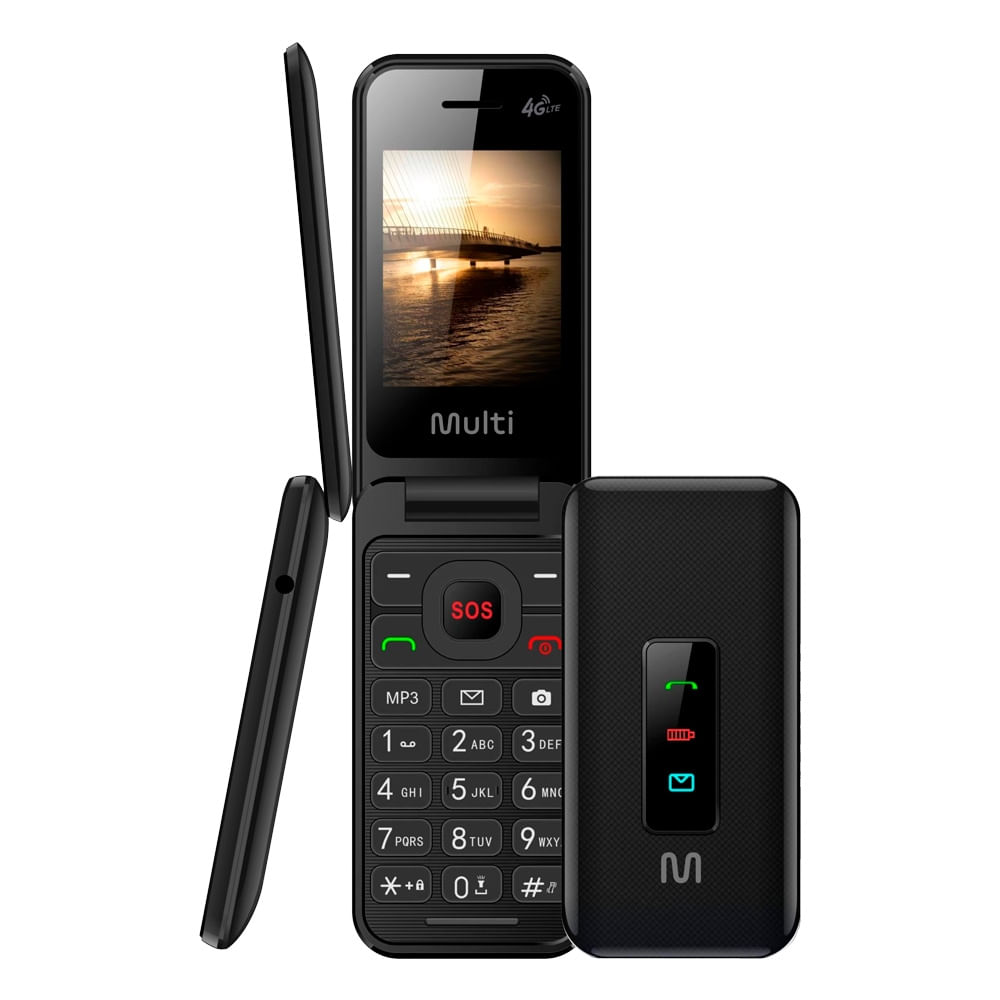 Celular Multi Flip Vita 4G P9227 preto dobrável, aberto e fechado