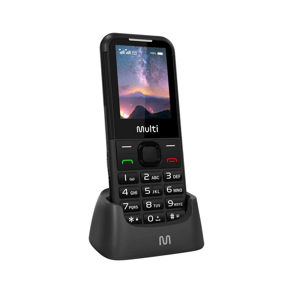 Celular Multi Vita 4G P9225 preto apoiado na base carregadora