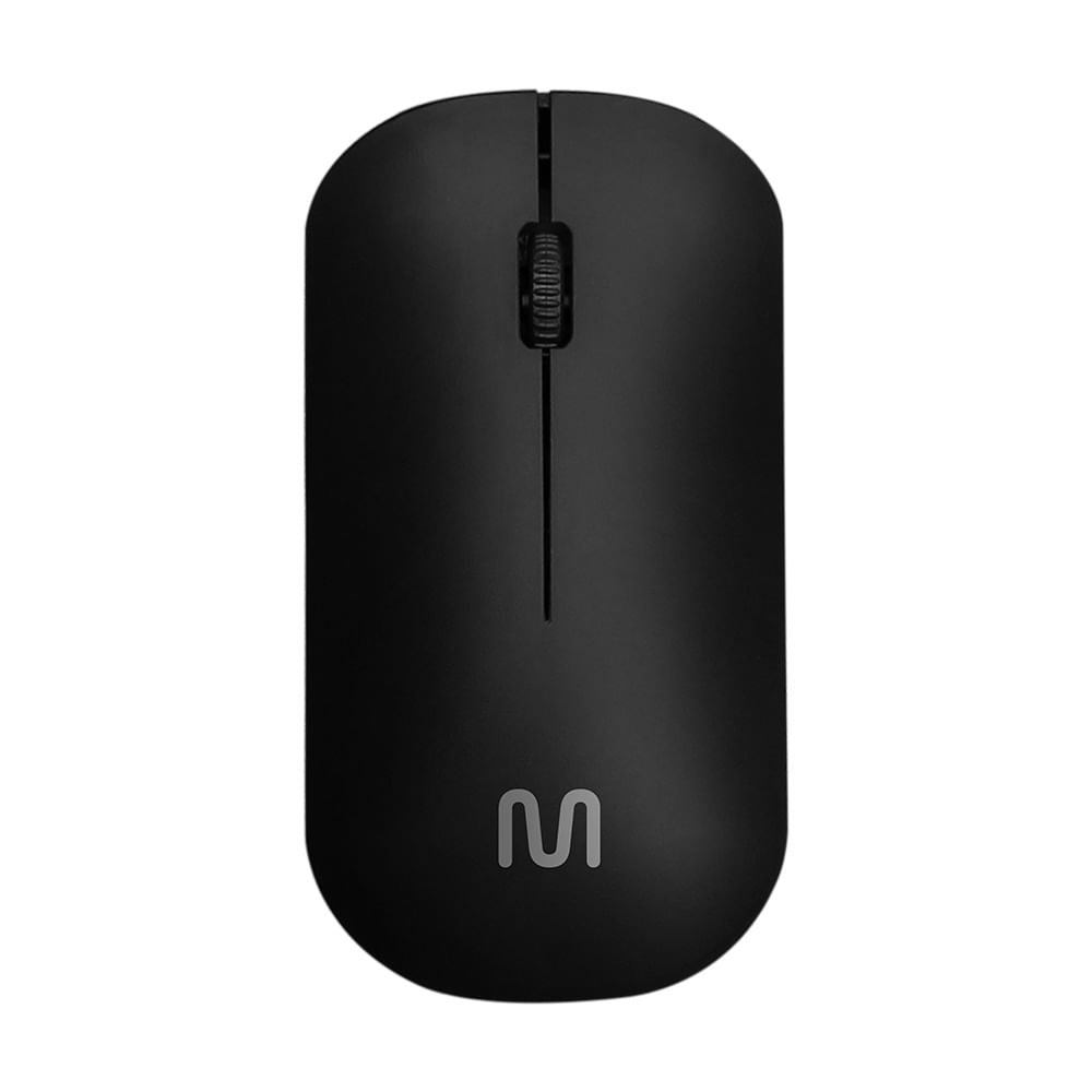 Mouse sem fio Multilaser MO307 preto, visto de cima, com roda de rolagem e logotipo da Multilaser na parte de baixo