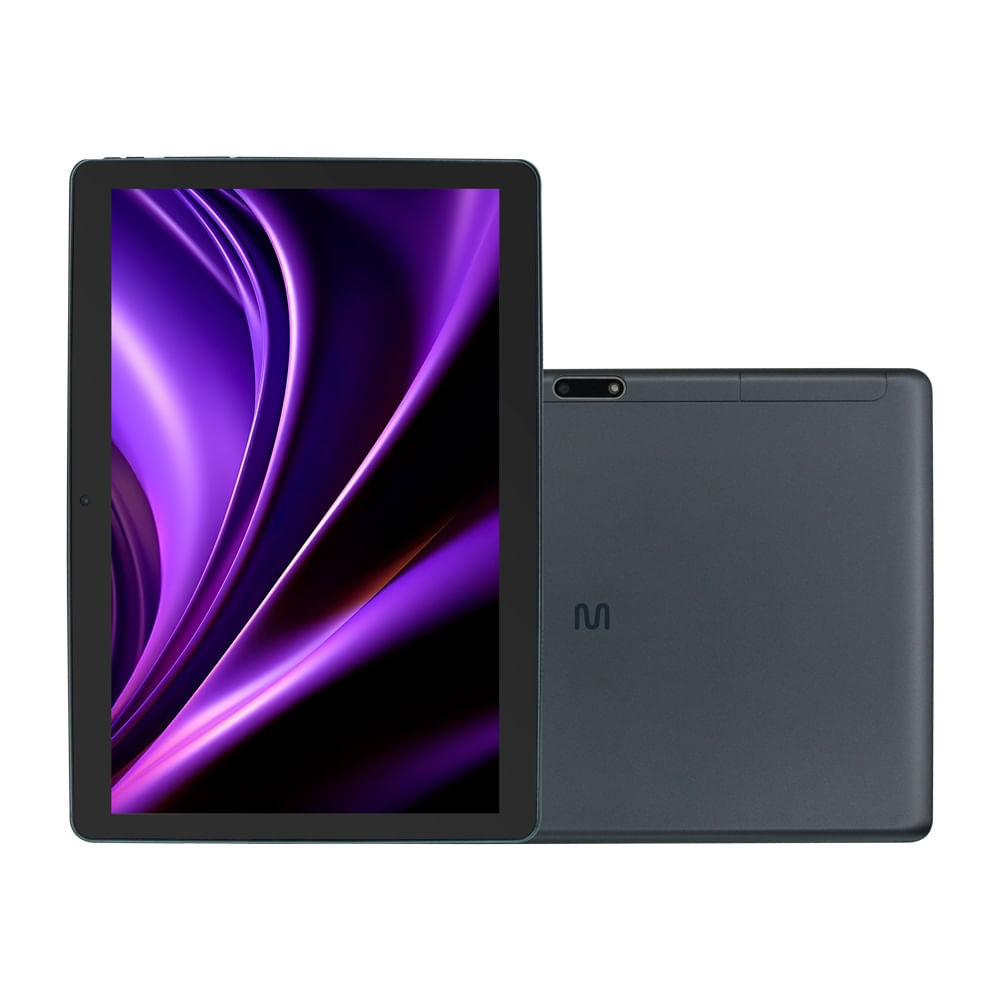 Tablet Multilaser M10 cinza escuro na horizontal com a tela acesa ao lado da traseira