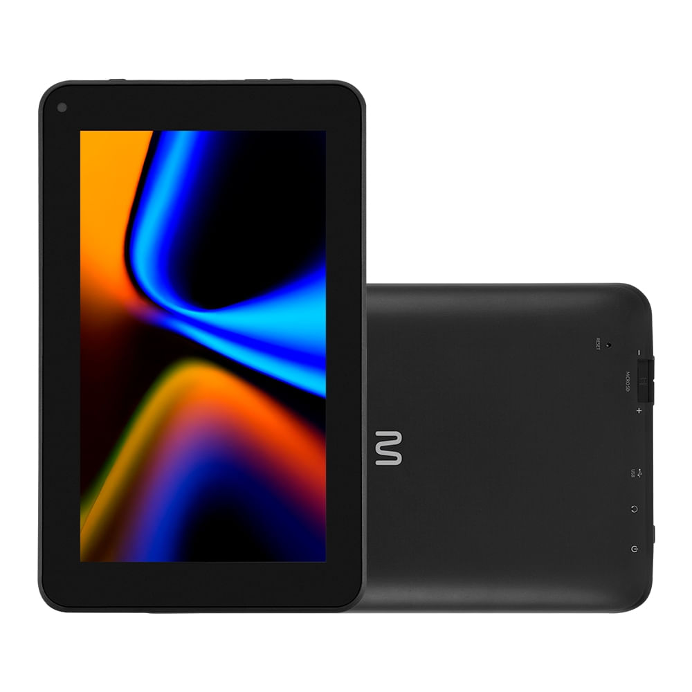 Tablet Multilaser M7 preto com a tela acesa ao lado da traseira com a logo da marca
