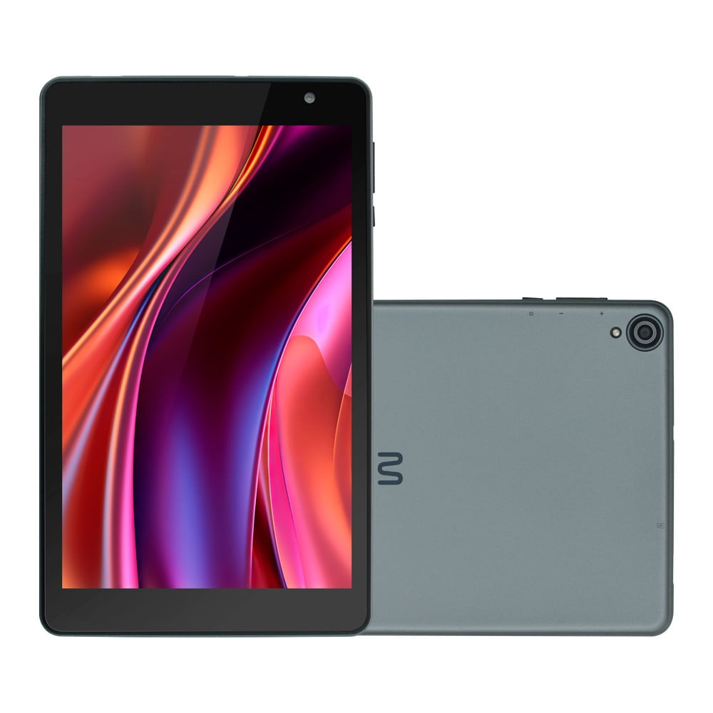 Tablet Multilaser M8 cinza com a tela acesa ao lado da traseira com a câmera