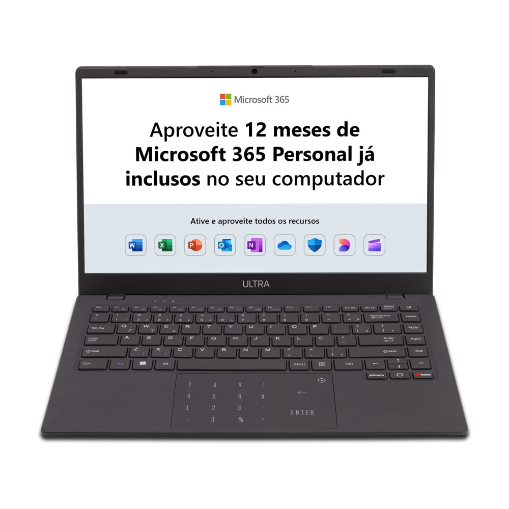 Notebook Multilaser Ultra UB250 de 14 polegadas, aberto, visto de frente, com touchpad numérico