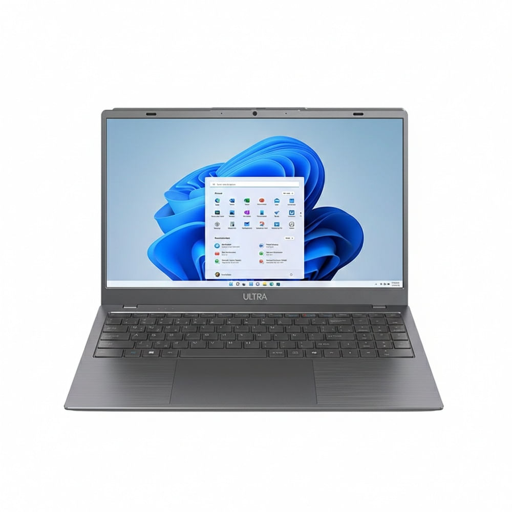 Notebook Multilaser Ultra UB365 de 15,6 polegadas, cinza, aberto, visto de frente